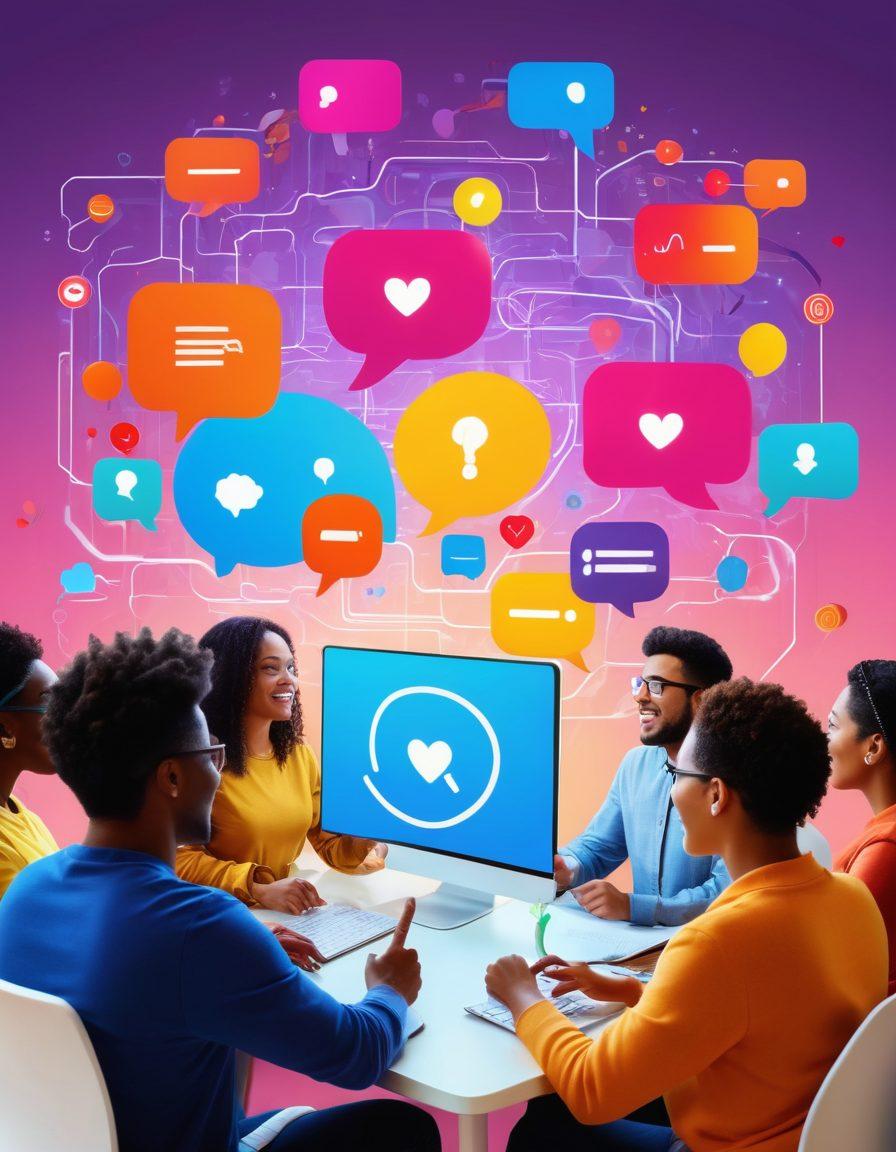 A diverse group of people engaged in a lively online discussion, surrounded by colorful speech bubbles representing various topics. Include symbols of connection such as heart icons, thumbs up, and network lines weaving through them. The backdrop should feature digital elements like circuits and glowing screens, highlighting the virtual aspect of community. Emphasize warmth and positivity in expressions and interactions. vibrant colors. digital art.