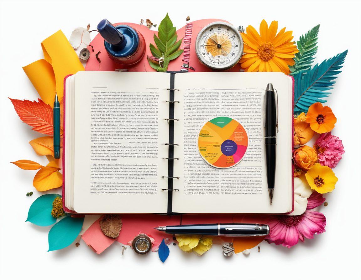An open notebook with a fountain pen resting on its pages, surrounded by vibrant objects representing diverse lifestyles such as travel souvenirs, fitness gear, cooking utensils, and technology gadgets. In the background, a colorful collage of personal stories and op-ed articles emerging from the pages, symbolizing creativity and expression. Soft, warm lighting adds an inviting touch. vector art. vibrant colors. white background.